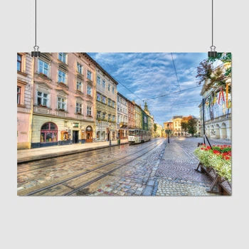 Постер Львов, Площадь Рынок, трамвай возле Ратуши, Lviv, A3 28×42 см (id2384)