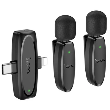 Петличный беспроводной микрофон HOCO L15 Dual-mic clip-on wireless digital (Lightning/Type-C) (Black) (231246)