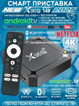 Смарт ТВ-приставка X96Q 2/16Гб Android TV 14 Rockchip RK3518 Андройд ТВ приставка с Bluetooth-пультом, микрофоном и голосовым поиском, 4K HDR, Wi-Fi6, медиаплеер для IPTV, фильмов, Megogo, SweetTV, Netflix, промокоды на ТВ (X96Q RK3518 2/16Gb)