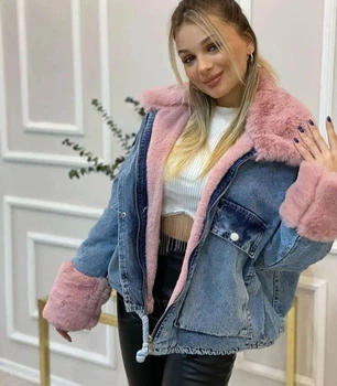 Куртка джинсовая женская утепленная на меху oversize голубая с розовым М