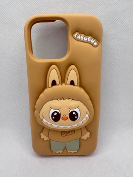 Детский резиновый чехол Labubu для Apple iPhone 16 Pro с подставкой держателем Бежевый