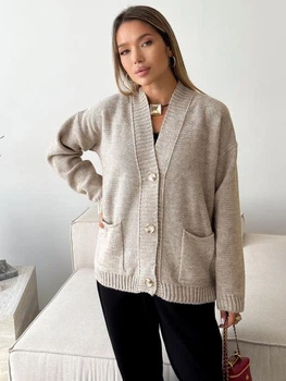Кардиган с примесью шерсти вязаный женский ARTKNIT Casual Wool L-XL Льняной (2251948418015)