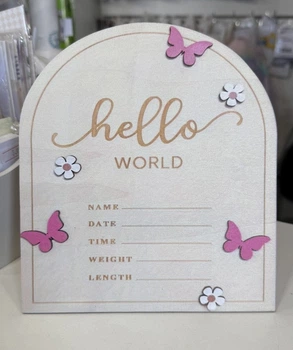 Дерев'яна метрика для новонародженого Hello world рожеві метелики 20*18см