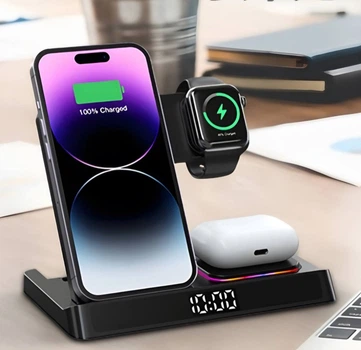 Док станція бездротова зарядка Qi Fast Wireless Charger OW-27 15W, Watch/AirPods/Phone 4в1