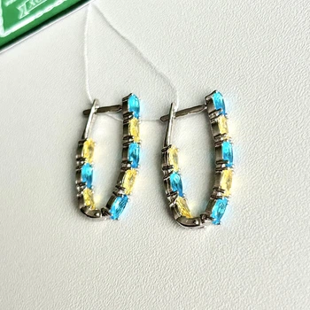 Серебряные серьги сине-желтые камни полукольца, флаг Украины, родированное серебро 925 (56-308)