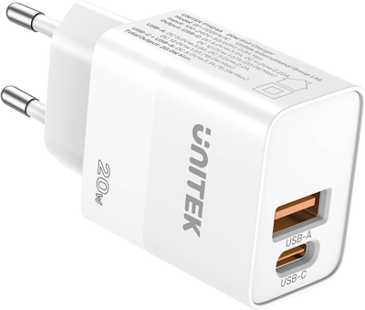 Мережевий зарядний пристрій Unitek USB-A + USB-C 20W White (P1124AWH01-EU)