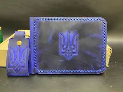 Затиск Для Грошей із Натуральної Шкіри з Гербом Шкіряний Гаманець Синій Колір