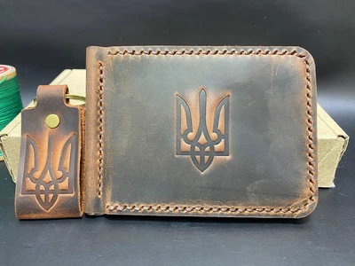Затиск Для Грошей із Натуральної Шкіри з Гербом Коричневий Колір Шкіряний Гаманець