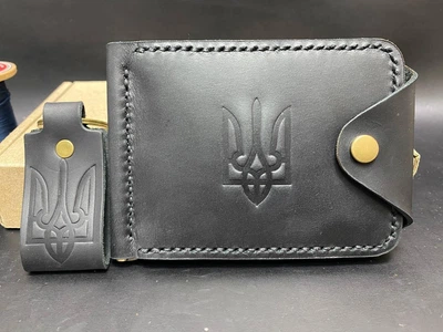 Затиск Для Грошей із Натуральної Шкіри Ручної Роботи з Монетницею з Гербом Чорний Колір Шкіряний Гаманець