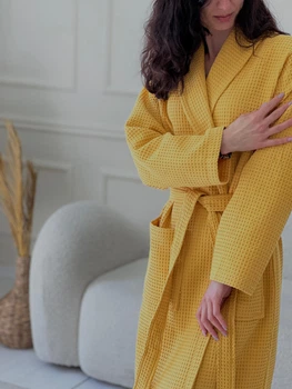Жіночий вафельний халат гірчичний 2XL 100% бавовна 320 г/м2
