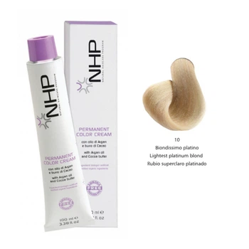 Крем-краска для волос с маслами арганы и какао NHP Permanent color cream 10- светло-платиновый блондин 100 мл (8030778680090)