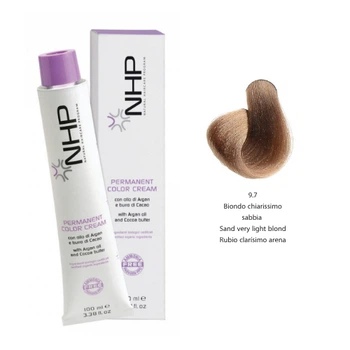 Крем-краска для волос с маслами арганы и какао NHP Permanent color cream 9,7- очень светлый песочный блондин 100 мл (8030778680472)