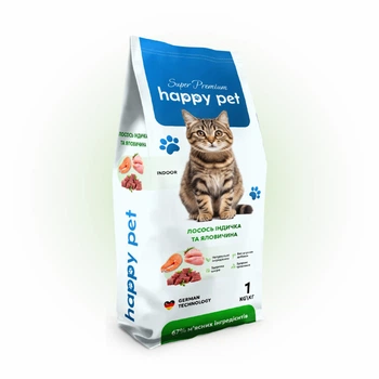 Сухой корм для котов живущих в помещении Happy Pet на основе 3-х видов мяса 1 кг