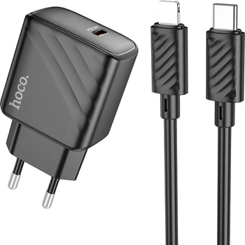 Сетевое зарядное устройство с кабелем Hoco CS22A Value single port PD30W charger set (C to iP) Black (6942007609920)