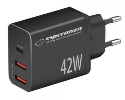 Мережевий зарядний пристрій Esperanza 42W USB-C PD 30W / 2x USB-A 12W Black (5901299960585)