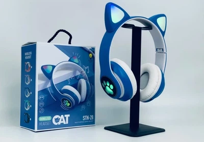 Игровые наушники STN28 для детей кошачьи ушки с подсветкой. Детские bluetooth наушники. Синий
