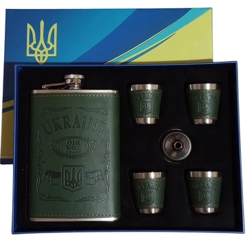 Подарунковий набір UKRAINE 6в1 зелений (фляга, 4 чарки, лійка) Гранд Презент (WKL-080)