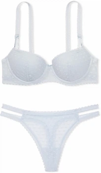 Комплект (бюстгальтер + трусики-танга) женский Victoria's Secret PINK Wink Hydrangea Blue, размер 38D/M