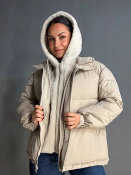 Куртка женская Lady Yep 8096 оверсайз с капюшоном и мехом тедди 46 капучино