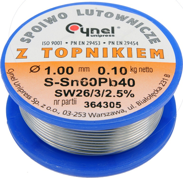 Припій Cynel Sn60-Pb40 дротяний на котушці діаметр 1 мм 100 г (5906083768101)