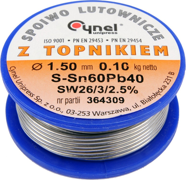 Припій Cynel Sn60-Pb40 дротяний на котушці діаметр 1.5 мм 100 г (5906083768149)