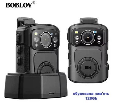 Нагрудная боди-камера Boblov B4K5 память 128Гб с дисплеем 2.0 дюйма GPS ночная запись датчик движения акумулятор 3400 мА·ч док-станция