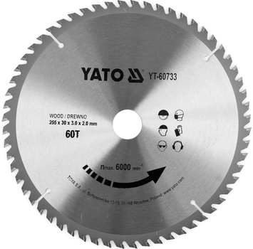Tarcza widiowa do drewna YATO 255 x 60 zębów x 30 mm dla YT-82171, YT-82173, YT-82165 (YT-60733)