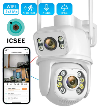 Уличная WIFI камера видеонаблюдения Двойная HD iCSee ночная съемка поворотная PTZ 1080p Белая