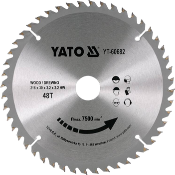 Tarcza widiowa do drewna YATO 216x30 mm 48 zębów do 7500 obr/min (YT-60682)