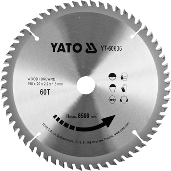Диск пиляльний по дереву YATO 190x20 мм 60 зубців до 8500 об/хв (YT-60636)