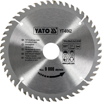 Диск пиляльний по дереву YATO 184х30 мм 50 зубців до 9000 об/хв (YT-6062)