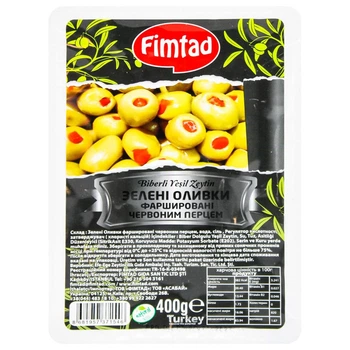 Оливки зеленые Fimtad фаршированные красным перцем 400 г