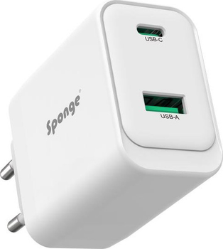 Мережевий зарядний пристрій Sponge Charger C2 GaN 1 x USB-A + 1 x USB-C 45 Вт White (703674402353)