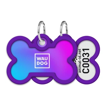 Адресник для собак і котів WAUDOG Smart ID Градієнт фіолетовий Кістка, M, сталевий, 40×28 мм, з QR-паспортом, арт. 231-4034