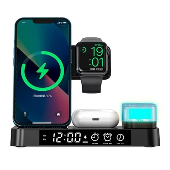 Беспроводная зарядная станция XYJ A37 Qi 4in1 Wireless Charger |15W, быстрая зарядка до 4 устройств одновременно, широкая совместимость, многоуровневая защита, RGB-ночник, цифровые часы с будильником, складная конструкция| Черный