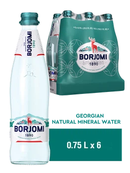 Упаковка мінеральної лікувально-столової сильногазованої води "Borjomi" 0,75 л х 6 скляних пляшок