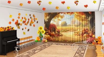 Осенние Фото Шторы в детский сад PHOTODECOR "Сказочный пейзаж с тыквами" 1 кв.м