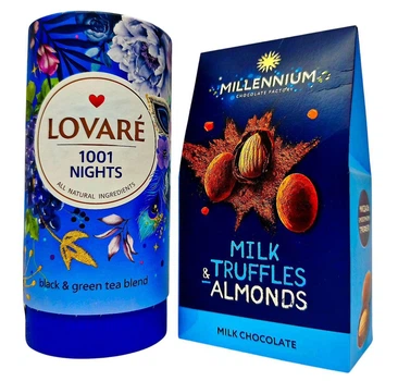Подарочный набор конфет Millennium Миндаль в молочном трюфеле + чай Lovare 1001 ночь в тубусе