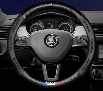 Кожаный чехол на руль Skoda Sport Brend (37-39см),черный с вставкой с углеволокна