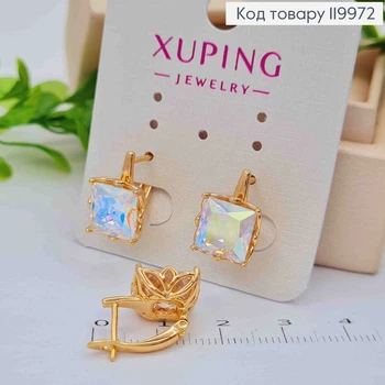 Серьги с квадратным Изысканно-Блестящим камнем Хамелеон, длина 1,5см, английская застежка, Xuping 18K