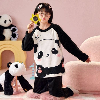 Дитяча плюшева тепла зимова піжама для дівчинки Panda 125–135 см, 7–9 років, чорно-біла (10696)