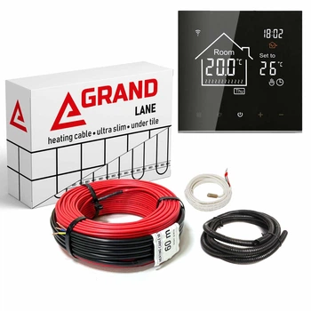 Тепла підлога Grand Lane 6,2 м2/900 Вт/50 м нагрівальний кабель glc9050k7 під плитку 18 Вт/м та WiFi Glass сенсорнийтерморегулятор Чорний