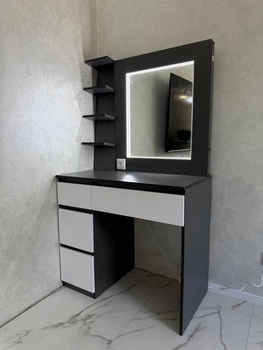 Косметический столик с зеркалом, розеткой и LED подсветкой, 4 ящика, в160хш90хг50см, графит/белый, MirrorRika