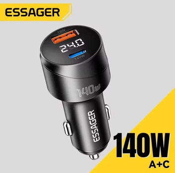 Быстрое автомобильное зарядное устройство Essager 140W USB+Type-C с цифровым дисплеем для ноутбуков, планшетов, смартфонов Apple iPhone, iPad, MacBook, Huawei Honor, Xiaomi, Samsung, OPPO (ES-CC19)