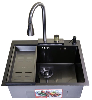 Мийка з нержавіючої сталі AQUAMILL 6050 з PVD покриттям чорна + змішувач-водоспад + дозатор + решітка