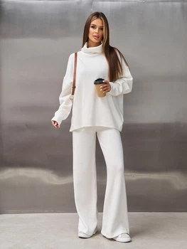 Костюм со штанами и кофтой в стиле casual трикотажный оверсайз домашний ISSA PLUS 14820A L молочный (issa2007682749577)