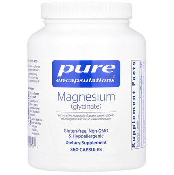 Магній гліцинат, Magnesium (glycinate), Pure Encapsulations, для зняття стресу, сну, здоров'я серця, нервів, м'язів та метаболізму, 120 мг, 360 капсул