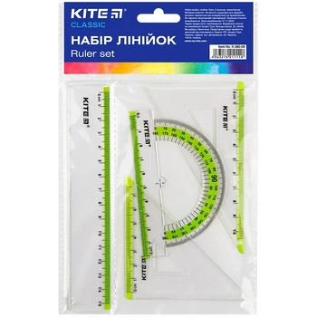 Набір Kite Classic K-280-09: лінійка 15 см, 2 косинця, транспортир (салатова смуга)