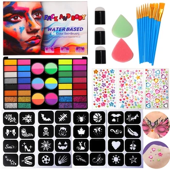 Набор Аквагрим 44 Color Face and Body Water Based Трафареты Кисточки Блестки Губки