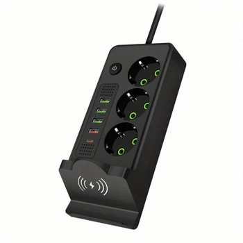Сетевой фильтр-удлинитель встроенная беспроводная зарядка на 3 розетки 4USB и Type-C Port 2m